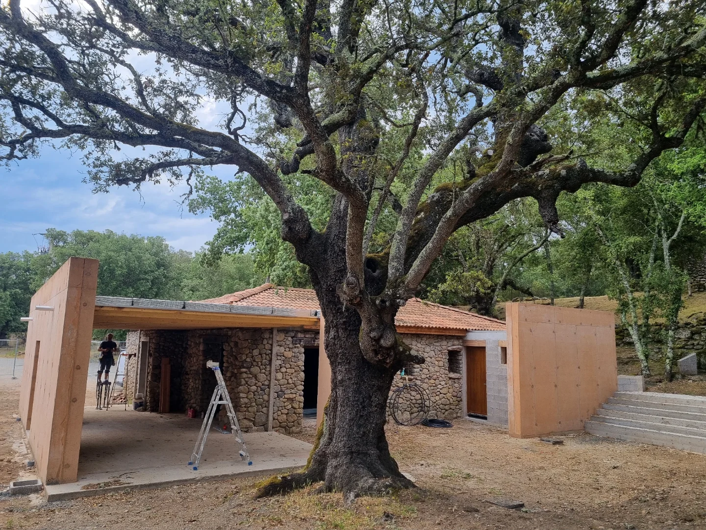 Chêne devant le bâtiment en pierre et les murs en panneaux bois, avec un ouvrier sur échasses