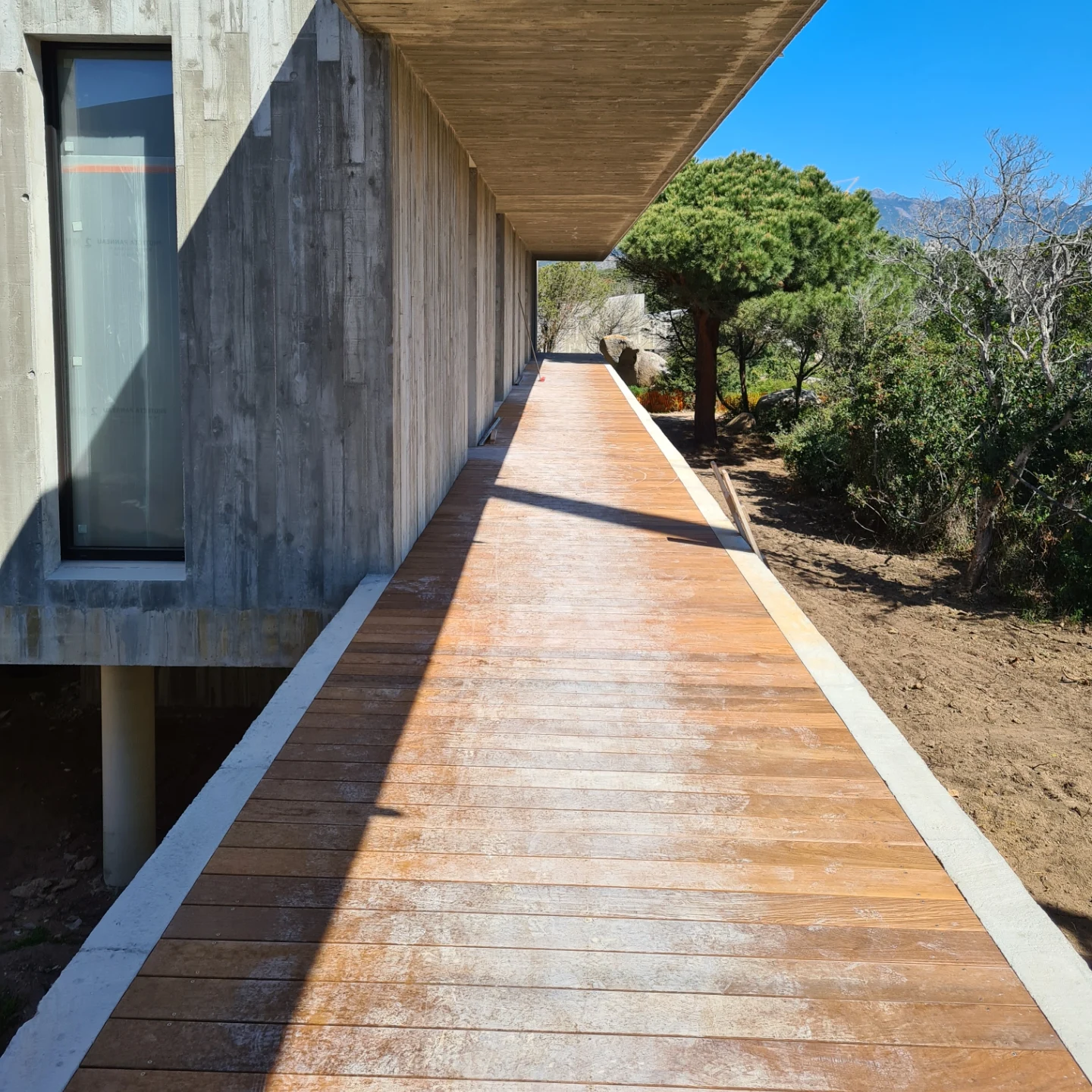 Coursive en lames de bois le long d’un bâtiment en béton brut de décoffrage, pins parasols et montagne au fond